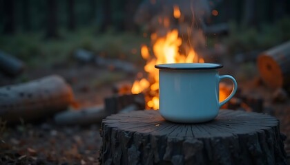 Enamel cup on wooden stump, campfire flames in background