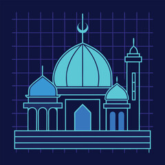 Stylized Modern Line Art Mosque at Night with Glowing Blue Dome and Minaret