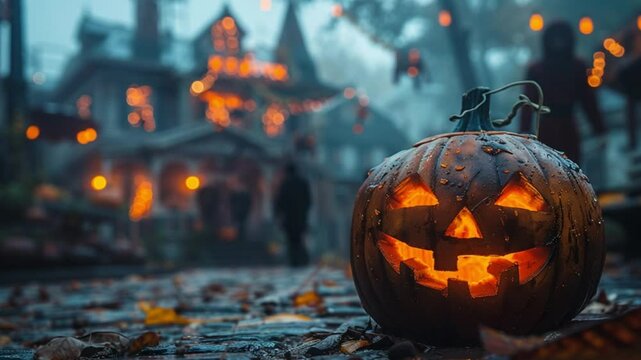 lentera labu halloween di depan rumah hantu