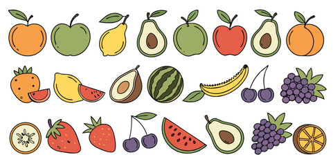 Colorful hand drawn fruits in a variety of designs and styles vector illustration