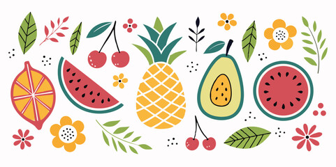 Colorful hand drawn summer fruits and floral elements on a white background
