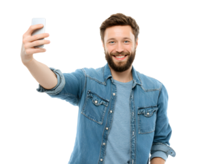 A happy man with a beard smiles as he takes a selfie using his phone in a denim shirt.
