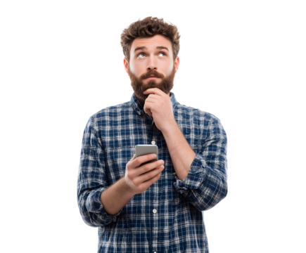 A man with a beard, holding a phone, looks up thoughtfully with hand on his chin.
