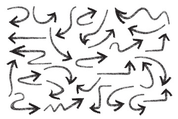 Grunge style hand-drawn black arrows with curves, turns, and swirls in different shapes, black arrows set collection