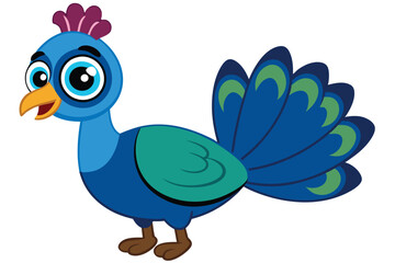 Cartoon Peacock with Blue Feathers, Teal Body, Pink Crest, and Orange Beak