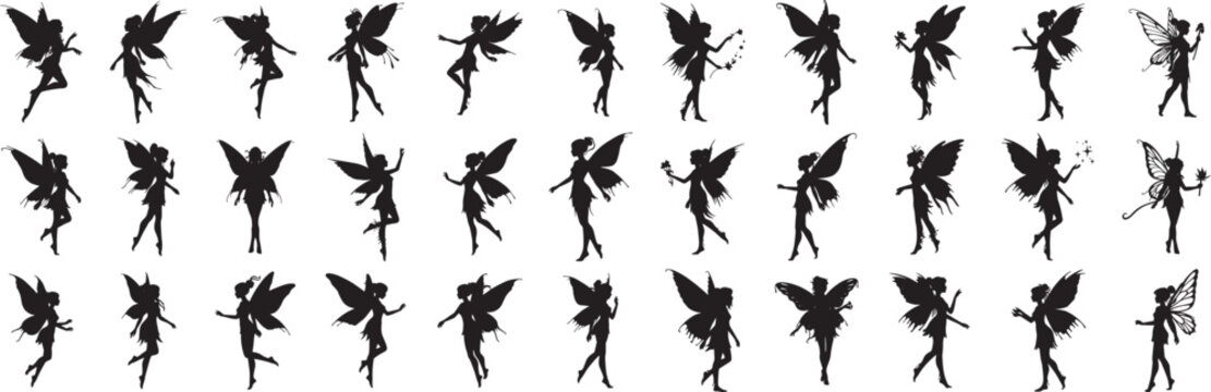 Fairy silhouette vector art collection of flying fairies with wings for magical design and decoration