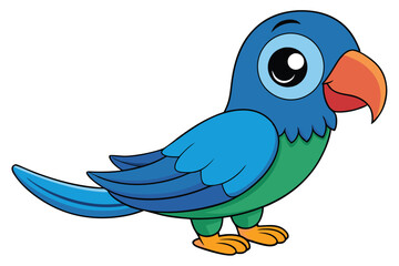 Smiling Cartoon Parrot Illustration Blue Head, Wings, Orange Beak, Green Body, Feet