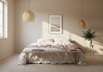 A tranquil bedroom, showcasing a comfortable bed, and natural light with calming design elements.