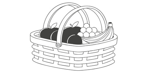 Black and white line art illustration of a picnic basket filled with fruits