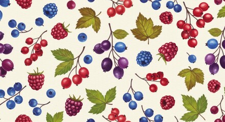 Summer Berry Pattern and Leaves on Cream Background - A vibrant pattern featuring various berries like raspberries, blackberries, blueberries, and red currants. Symbolizing freshness, abundance