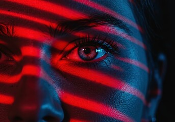Naklejka premium A dramatic portrait highlights a person's eye, framed by red and blue neon lighting.
