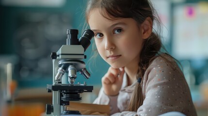 A young girl with braided hair looking at a microscope in a classroom setting with a curious expression
