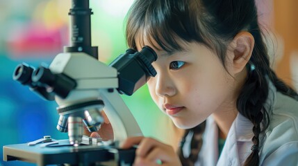 Young girl in lab coat intently using a microscope in a brightly lit science classroom setting today