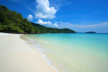 Obraz premium Serene beach with white sand and crystal clear waters under a bright blue sky, beautiful beach and sea with white sand