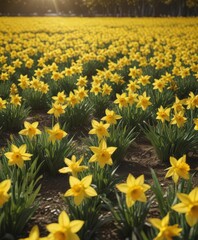 Obraz premium Sunlit daffodil field, vibrant yellow petals shimmering , bright, nature background, floral background