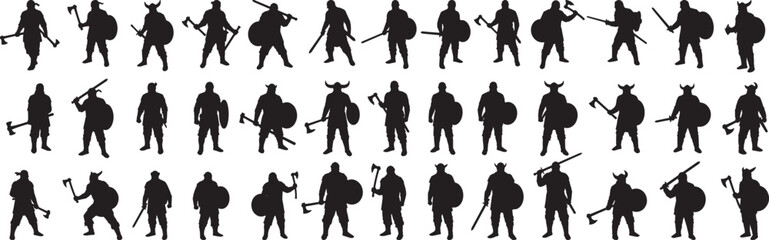 Viking warrior silhouette vector set, scandinavian medieval warrior with axe and shield illustration art