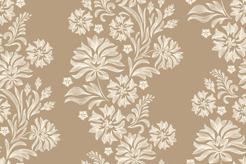 Vintage Floral patterns seamless background border embroidery ethnic batik retro. Flower motifs paisley batik. Brown silhouette watercolour flowers ikat design hand drawn. Vector illustration.