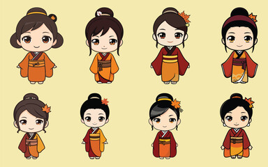 chibi characters bundle cute autumn yukata girl character set