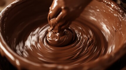 A potter's hand shapes spinning brown clay on a wheel with soft, warm light.