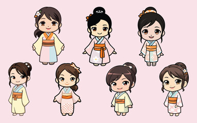 chibi characters bundle cute yukata girl character set