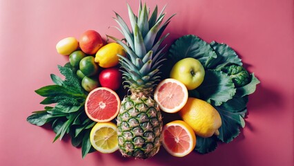 A vibrant arrangement of fresh fruits and vegetables, including a pineapple, lemons, limes, grapefruit, apples, and leafy greens, set against a vibrant pink backdrop.