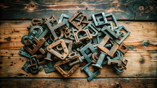 A collection of aged, metallic alphabet letters and symbols rest upon a rustic wooden surface, revealing the passage of time and the enduring presence of written communication.