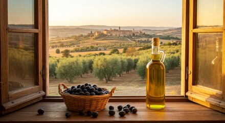 Tuscan Olive Harvest View - A rustic window scene showcasing a basket of olives, olive oil bottle, and a picturesque Tuscan landscape