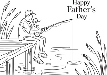 Father and son fishing on fathers day black and white illustration