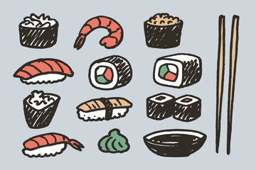 sushi rolls set cartoon sketch vector illustration