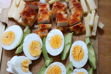 Tasty lunch including boiled eggs, sliced avocado and pork smoked meat sprinkled with paprika