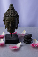 Buddha statue surrounded by rose petals and stones in a serene display setting