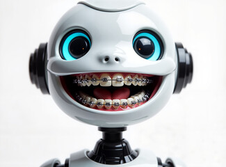 Playful robot with braces smiling against a light background  