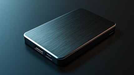 A sleek black power bank with a brushed metal finish on a dark background.