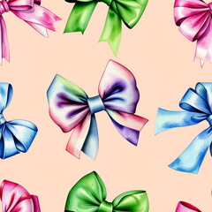 ribbons tied in a bow, pattern, seamless texture. watercolor illustration. artificial intelligence generator, AI, neural network image. background for the design