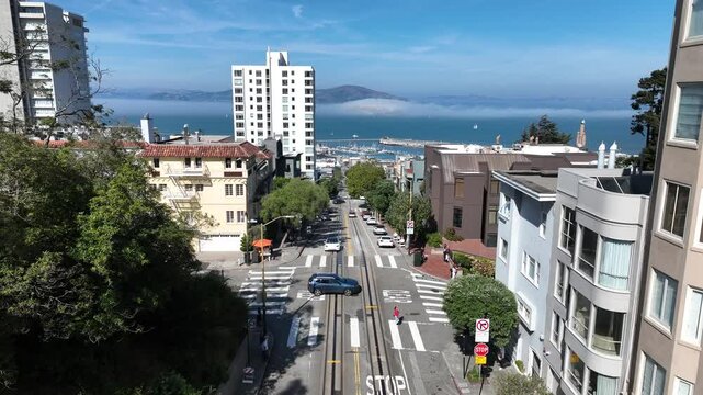 Hyde Street In San Francisco California United States. Modern City Center With Skyscrapers Reflecting The Urban Life. Business Sky Background Downtown Cityscape. Outdoors Downtown Up Above.