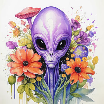 an alien with big eyes in flowers, a space man, a ufo. watercolor illustration. artificial intelligence generator, AI, neural network image. background for the design