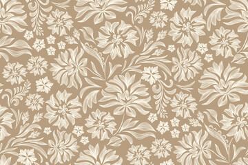 Vintage Floral patterns seamless background border embroidery ethnic batik retro. Flower motifs paisley batik. Brown silhouette watercolour flowers ikat design hand drawn. Vector illustration. © Wita Pixs