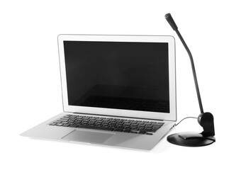 Fototapeta premium Professional microphone and laptop on white background