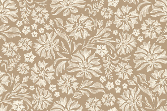 Vintage Floral patterns seamless background border embroidery ethnic batik retro. Flower motifs paisley batik. Brown silhouette watercolour flowers ikat design hand drawn. Vector illustration.