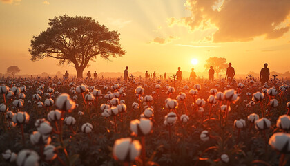 Double exposure of a historical cotton field at sunset with shadows of enslaved individuals, highlighting the struggle and legacy of Juneteenth symbolism.  For Juneteenth, Black History Month, Kwanzaa