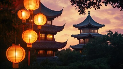 Obraz premium Pagodas, lanterns glow against a sunset sky, highlighting Chinese architecture.