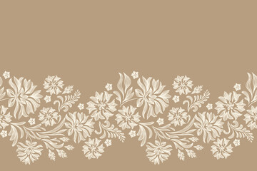 Vintage Floral patterns seamless background border embroidery ethnic batik retro. Flower motifs paisley batik. Brown silhouette watercolour flowers ikat design hand drawn. Vector illustration.