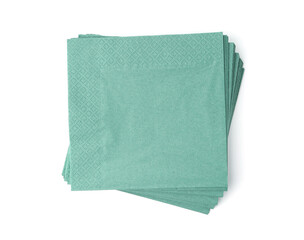 Many green paper handkerchiefs isolated on white, top view
