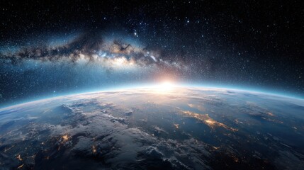Earth view from space with stars and galaxy in the background.