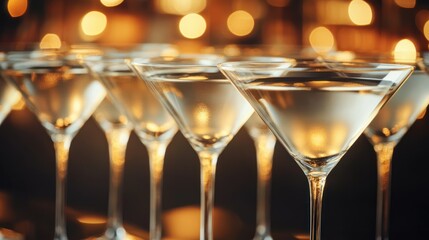 A row of filled martini glasses reflects warm golden bokeh lights background.