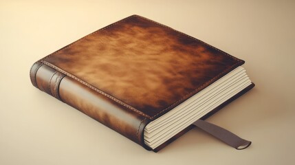 Obraz premium A brown leather-bound book with a bookmark on a neutral background.