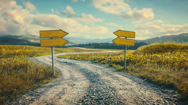 A gravel road splits into two paths with yellow directional signs, set in a scenic countryside landscape under a blue sky.