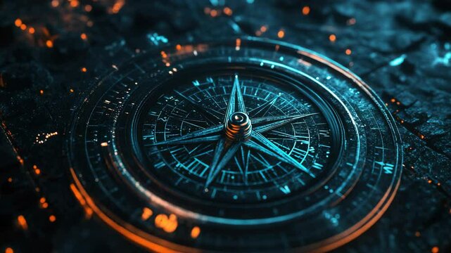 Detailed Close-Up of a Stylized Compass with Intricate Design and Glowing Accents on a Textured Dark Surface, Navigation and Exploration Concept