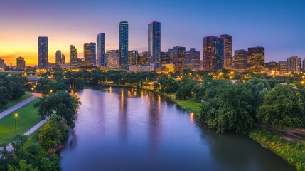 Fototapeta premium A cityscape reflected on a river at dusk; the buildings are lit up at night.