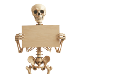 Skeleton holding a sign that says "I am not a skeleton"